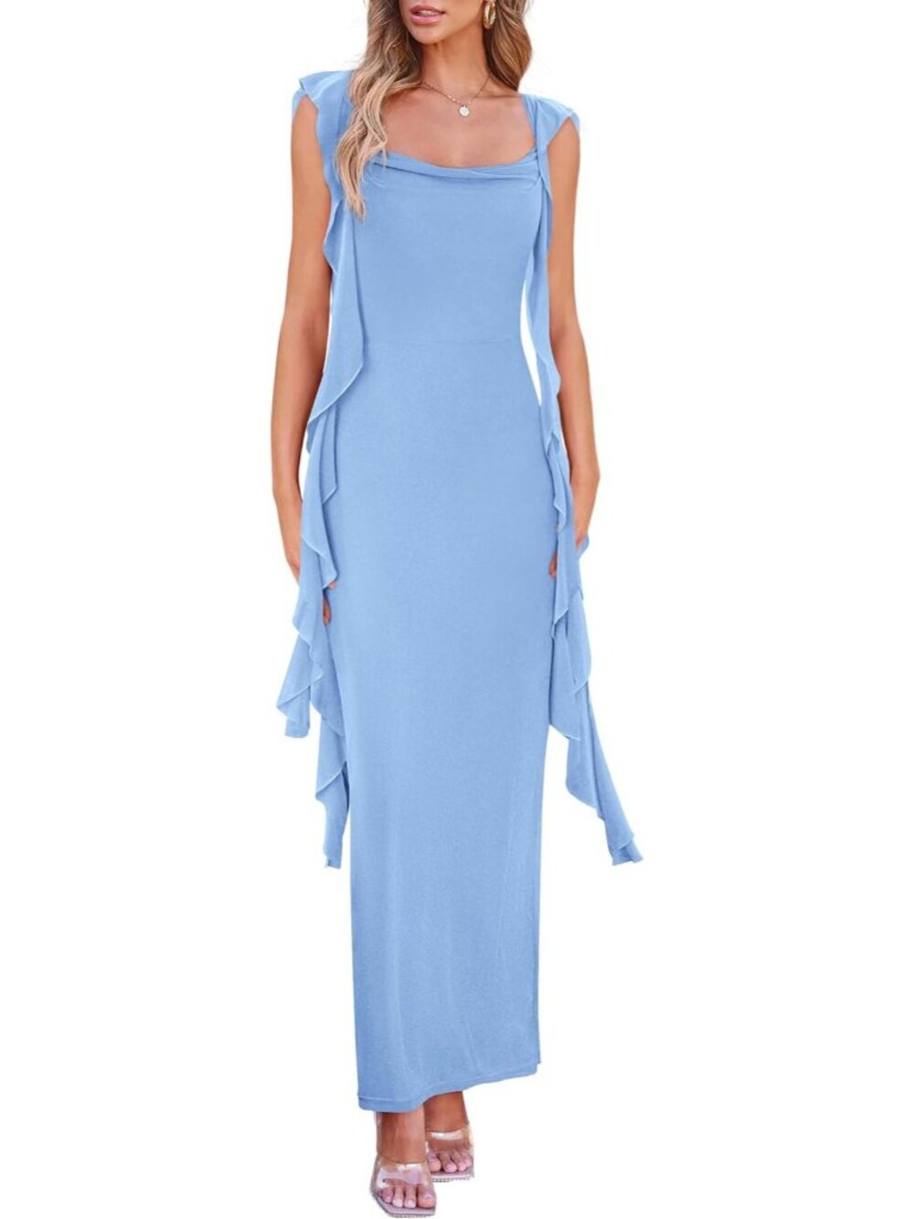 Women's Light Blue Ruffle Bodycon Soft Stretchy Slim Fit Wedding Maxi Dresses